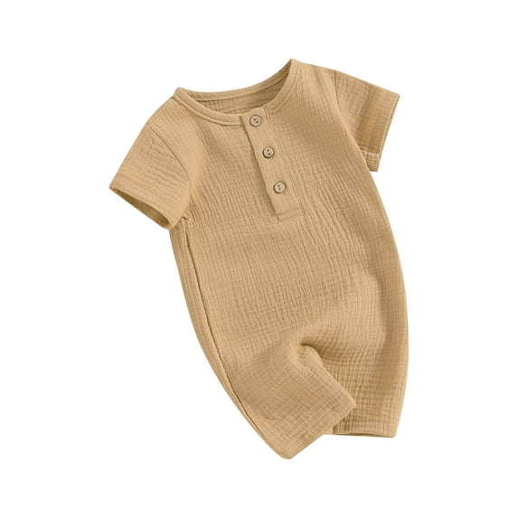 FEORJGP Toddler Baby Girl Boys Summer Romper 3M 6M 12M 18M 24M Infant Round Neck Bodysuit Short Sleeve Playsuit Button Down Henley T-Shirts Solid Color Shorts Jumpsuit Loose Casual Daily Clothes