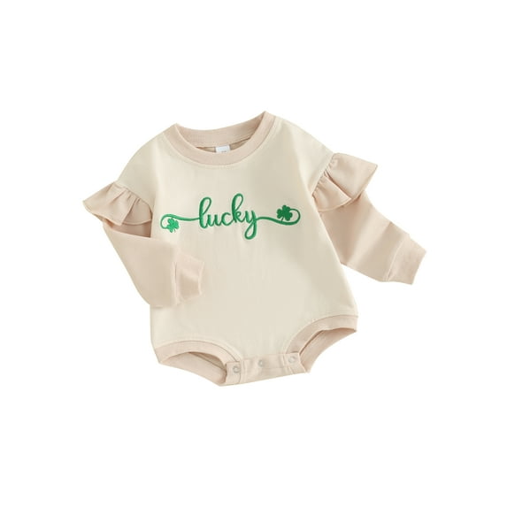 FEORJGP Toddler Baby Girl Romper 3M 6M 12M 18M 24M Infant Ruffle Long Sleeve Pullover Jumpsuit Round Neck Shamrock Letter Embroidery Bodysuit Newborn Loose Casual Playsuit for Spring Fall