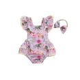 thumbnail image 1 of FEORJGP Toddler Baby Girl Summer One-piece Jumpsuits Outfits Infant Casual Square Neck Rompers Farm Print Lace Trim Bodysuits and Headband Set Kids Lin Cute Casual Clothes for Daily Vacation, 1 of 7