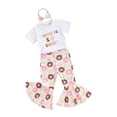 thumbnail image 1 of FEORJGP Toddler Baby Girl Summer Outfits 1-4Y Short Sleeve T-Shirt Crew Neck Shirt Cartoon Letter Print Tops + Doughnut Print Flare Pants + Headband Set Loose Casual 3Pcs Clothes, 1 of 9
