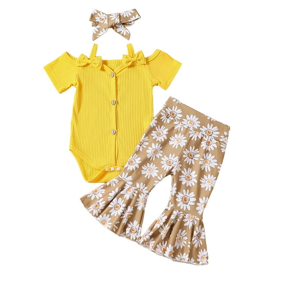 FEORJGP Toddler Baby Girl Summer Outfits Infant 0-2Y Off Shoulder Rompers Ribbed Knit Jumpsuit Solid Color Button Bodysuit Flower Print Flare Pants Headband Newborn 3Pcs Loose Casual Cute Clothes Set