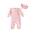 thumbnail image 1 of FEORJGP Toddler Baby Girl Waffle Rompers 0 3M 6M 12M 18M Infant One-piece Jumpsuits Solid Color Ruffled Long Sleeves Bodysuits Round Neck Playsuits Fuute Causal Basic Clothes for Spring Fall, 1 of 7
