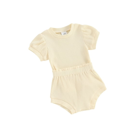 FEORJGP Toddler Baby Girls 2 Piece Outfit 0-2Y Infant Short Sleeve T-Shirt Crew Neck Shirt Solid Color Ribbed Tops and Elastic Shorts Set Newborn Cute Summer Clothes