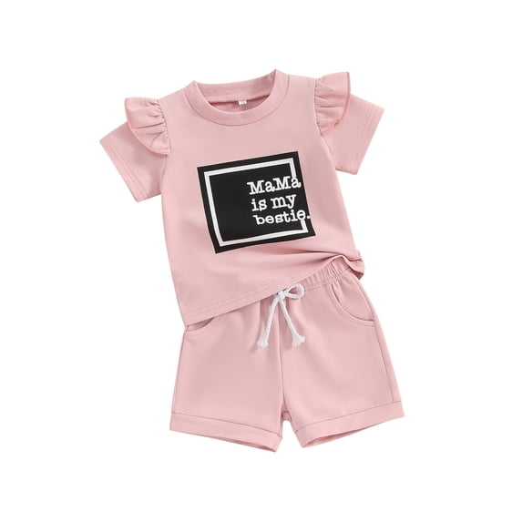 FEORJGP Toddler Baby Girls 2 Piece Summer Pink Outfit 0-3Y Infant Short Sleeve T-Shirt Letter Print Shirt Crew Neck Tops and Elastic Shorts Set Loose Casual Cute Clothes