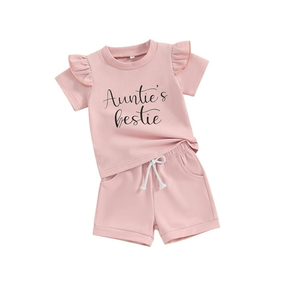 FEORJGP Toddler Baby Girls 2 Piece Summer Pink Outfit 0-3Y Infant Short Sleeve T-Shirt Letter Print Shirt Crew Neck Tops and Elastic Shorts Set Loose Casual Cute Clothes