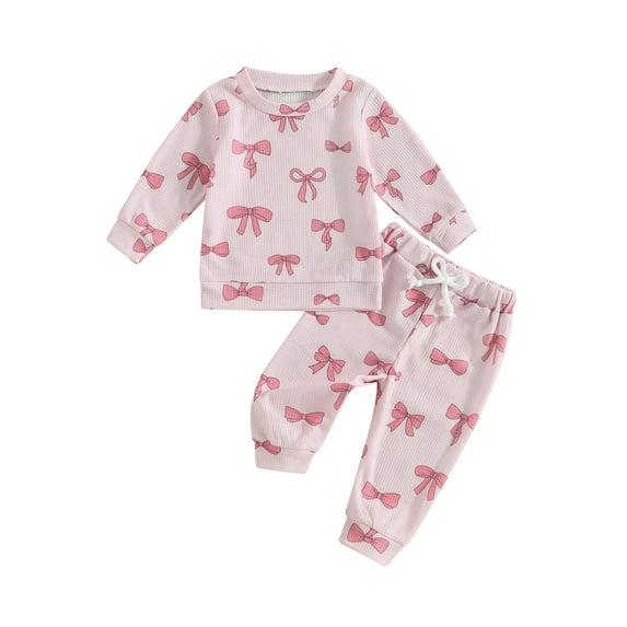 FEORJGP Toddler Baby Girls 2-piece Outfits 0 6M 12M 18M 2T 3T Infant Long Sleeve Pullovers Bow Print Crew Neck Sweatshirts Tops with Elastic Waist Sweute Casual Spring Fall Clothes for Daily