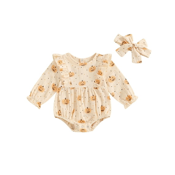 FEORJGP Toddler Baby Girls 2Pcs Halloween Outfits 0 3M 6M 12M 18M Infant Long Sleeve Jumpsuits Pumpkin Flower Print Rompers Crew Neck Bodysuits with Hsual Comfy Daily Clothes for Spring Fall