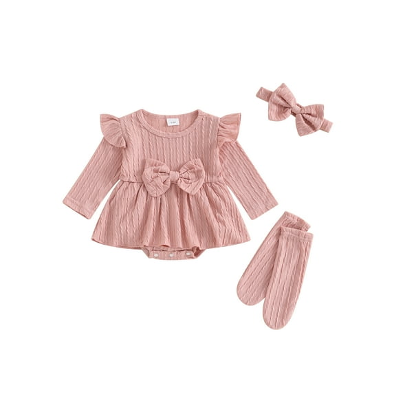 FEORJGP Toddler Baby Girls 3-Piece Solid Ribbed Set 0 3M 6M 12M 18M Infant Long Sleeve Rompers Ruffled Trim Jumpsuits Bow Headband Stockings Kids Little Girl Fashion Casual Adorable Outfits