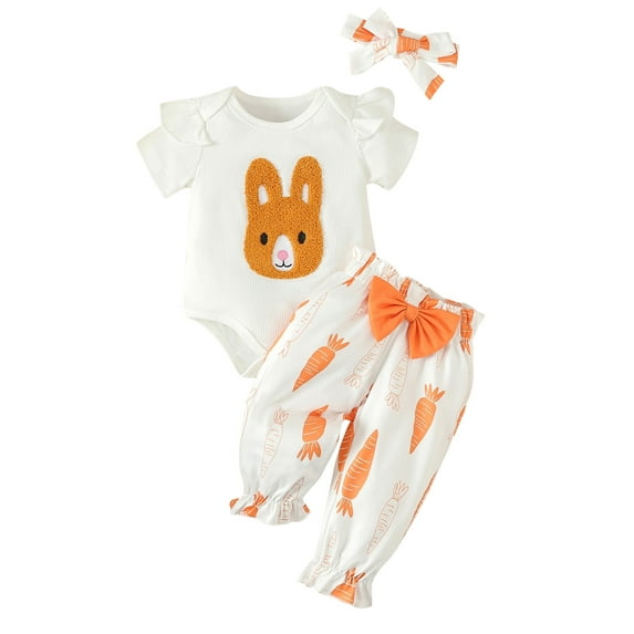 FEORJGP Toddler Baby Girls 3Pcs Easter Outfit Infant 0-2Y Short Sleeve Jumpsuit Bunny Embroidery Romper Crew Neck Bodysuit + Pants + Hairband Set Newborn Cute Casual Rabbit Summer Clothes