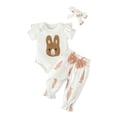 thumbnail image 1 of FEORJGP Toddler Baby Girls 3Pcs Easter Outfit Infant 0-2Y Short Sleeve Jumpsuit Bunny Embroidery Romper Crew Neck Bodysuit + Pants + Hairband Set Newborn Cute Casual Rabbit Summer Clothes, 1 of 9