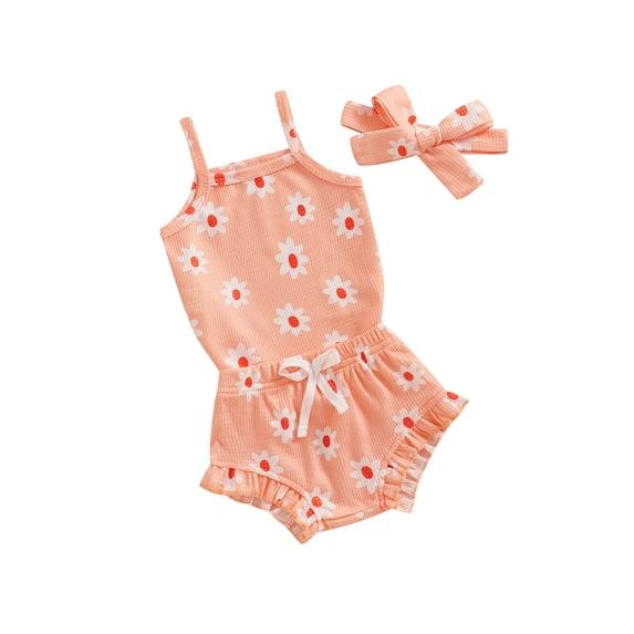 FEORJGP Toddler Baby Girls 3Pcs Summer Outfits Newborn 3M 6M 12M 18M Sleeveless Jumpsuit Spaghetti Strap Romper Floral Print Bodysuit with Ruffle Shorand Infant Loose Casual Cute Clothes Set