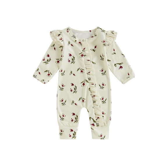 FEORJGP Toddler Baby Girls One-piece Jumpsuits 0 3M 6M 12M 18M Infant Long Sleeve Rompers Floral Print Ruffles Front Zipper Bodysuits Kids Newborn Fashion Casual Cute Clothes for Daily Spring Fall