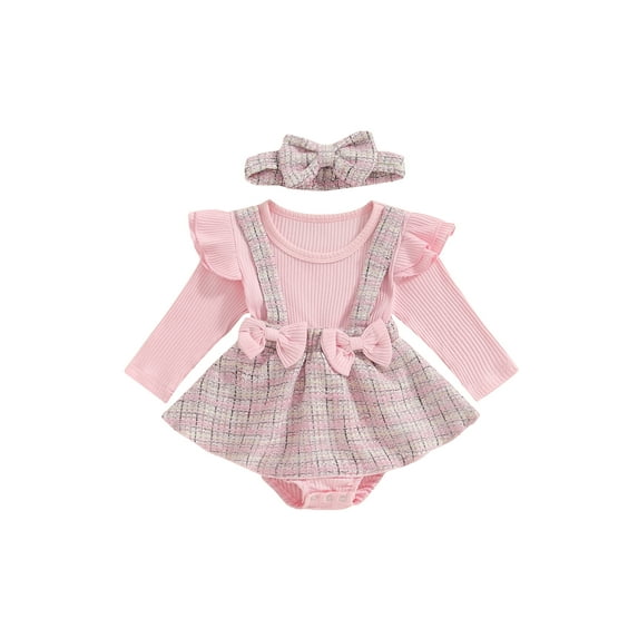 FEORJGP Toddler Baby Girls One-piece Romper Dress 0 3M 6M 9M 12M 18M Infant Long Sleeve Jumpsuits Tweed Ribbed Patchwork Round Neck Bodysuits with Bowute Comfy Casual Clothes for Spring Fall