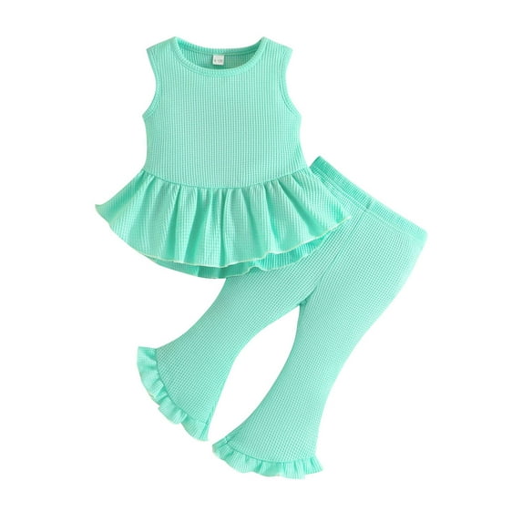 FEORJGP Toddler Baby Girls Summer Basic Ribbed Outfit Infant 6M 3M 1T 2T 3T Sleeveless Vest Crew Neck Solid Waistcoat Ruffed Tank Top with Elastic Wai Solid Color 2-piece Casual Daily Outfit