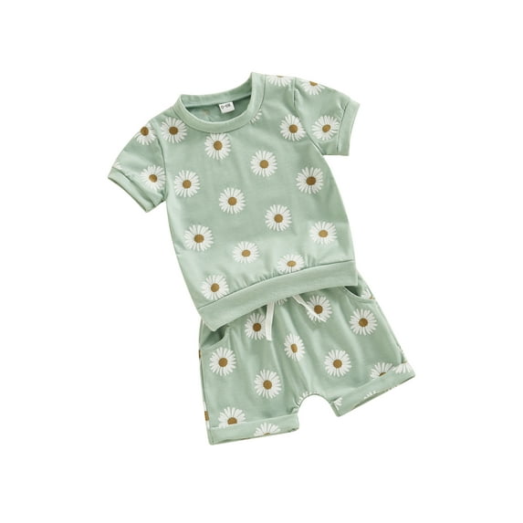 FEORJGP Toddler Baby Girls Summer Outfit 0-3Y Infant Short Sleeve T-Shirt Daisy Print Shirt Crew Neck Tops and Elastic Drawstring Shorts Set Newborn Loose Casual Cute 2 Piece Clothes