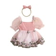 thumbnail image 1 of FEORJGP Toddler Baby Girls Summer Romper Dress 0-2Y Infant Puff Sleeve Jumpsuit Floral Embroidery Rompers Square Neck Bodysuit Dress with Headband Newborn Cute Casual Princess Clothes, 1 of 9