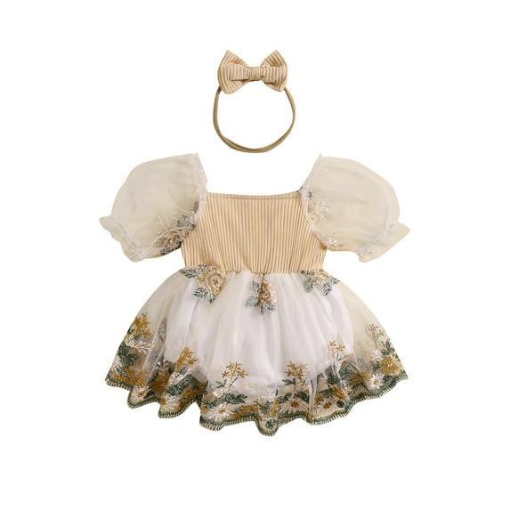 FEORJGP Toddler Baby Girls Summer Romper Dress 0-2Y Infant Puff Sleeve Jumpsuit Floral Embroidery Rompers Square Neck Bodysuit Dress with Headband Newborn Cute Casual Princess Clothes