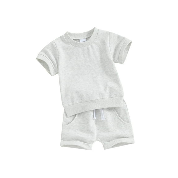 FEORJGP Toddler Baby Summer Clothes Infant Short Sleeve T-Shirt Solid Color Jumpers Round Neck Tops with Drawstring Shorts Little Boys Girls Loose Casual 2Pcs Outfit