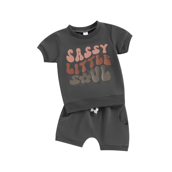 FEORJGP Toddler Boy Summer Clothes 0-3Y Infant Short Sleeve T-Shirt Letter Print Shirt Crew Neck Tops with Elastic Waist Solid Color Shorts Newborn Loose Casual 2Pcs Outfit