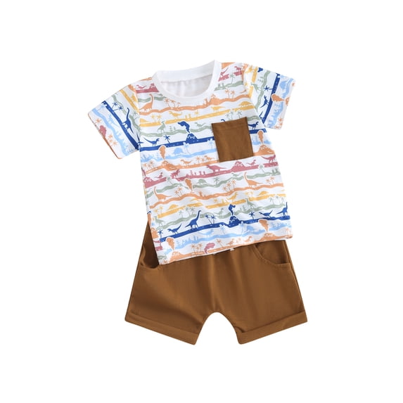 FEORJGP Toddler Boy Summer Clothes Infant 0-3Y Baby Short Sleeve T-Shirt Crew Neck Shirt Dinosaur Print Pocket Tops with Solid Color Shorts Little Boys Casual Daily 2Pcs Outfit
