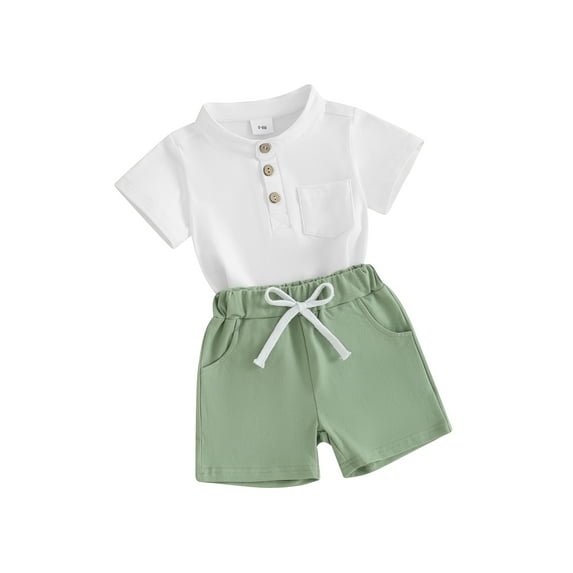 FEORJGP Toddler Boy Summer Clothes Infant Baby 0-3Y Short Sleeve T-Shirt Solid Color Henley Shirt Button Tops with Elastic Waist Shorts Newborn Loose Casual 2Pcs Daily Outfit