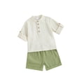 thumbnail image 1 of FEORJGP Toddler Boy Summer Cotton Linen Set Infant Long Sleeve T-shirt Solid Color Shirt Crew Neck Button Tops with Elastic Waist Shorts 2Pcs Outfit Loose Casual Clothes Set, 1 of 9