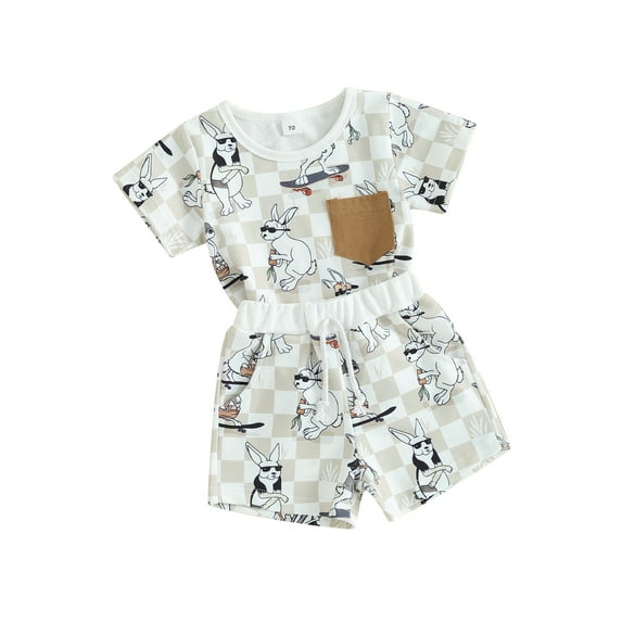 FEORJGP Toddler Boy Summer Set Infant Baby Easter Outfits Newborn Round Neck T-shirt Short Sleeve Shirt Front Pocket Tops + Elastic Waist Shorts with Pocket Kids Boys 2 Piece Loose Casual Clothes