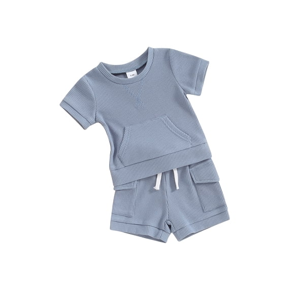 FEORJGP Toddler Boy Summer Shorts Outfit 6M 12M 18M 2Y 3Y Infant Baby Short Sleeve T-Shirt Crew Neck Shirt Solid Color Pocket Tops with Elastic Waist Shorts Newborn Cute Casual 2 Pcs Waffle Set