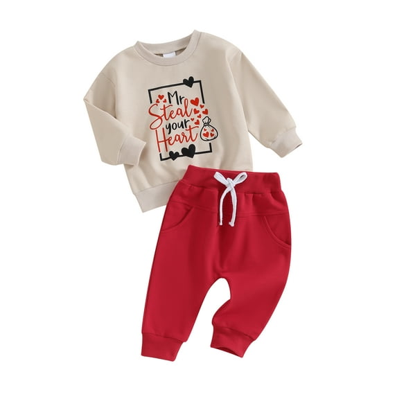 FEORJGP Toddler Boy Valentine's Day Outfits Infant Baby Long Sleeve Sweatshirt Letter Print Pullover Crew Neck Tops and Drawstring Sweatpants Elastic Pants for Spring Fall Clothes