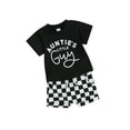 thumbnail image 1 of FEORJGP Toddler Boys 2 Piece Outfits 0-3Y Infant Baby Letter Print Short Sleeve T-Shirt Crew Neck Tops and Elastic Checkerboard Shorts for Loose Casual Summer Clothes Set, 1 of 9