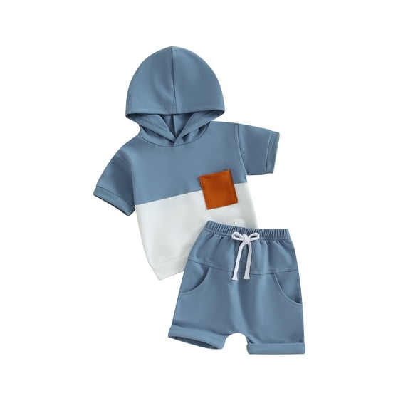 FEORJGP Toddler Boys 2 Piece Outfits Infant Short Sleeve T-Shirt Hoodies Contrast Colors Hooded Sweatshirt Tops and Elastic Shorts Little Boy Summer Casual Daily Clothes Set