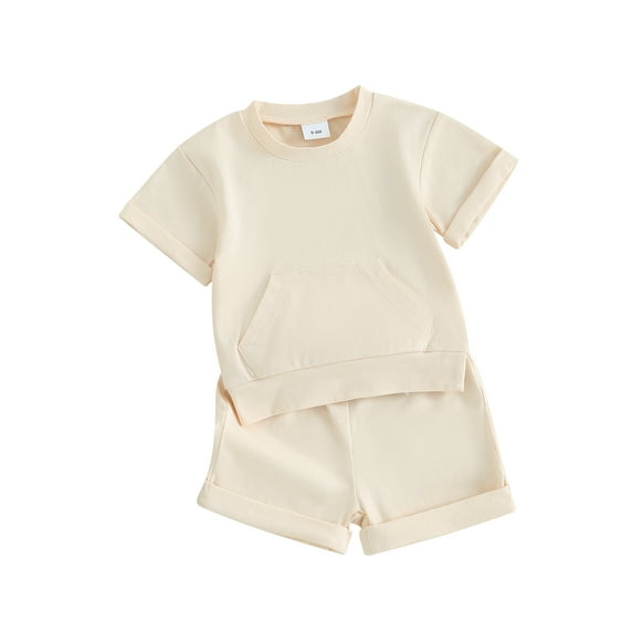 FEORJGP Toddler Boys 2 Piece Outfits Infant Short Sleeve T-Shirt Solid Color Jumpers Crew Neck Tops and Elastic Drawstring Shorts Newborn Loose Casual Summer Clothes Set for Daily