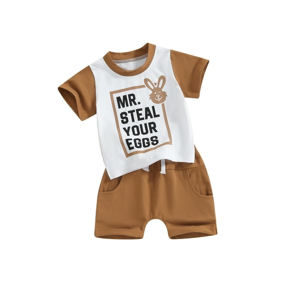 FEORJGP Toddler Boys Easter Outfits Infant Summer Clothes Short Sleeve T-Shirts Crew Neck Shirt Letter Rabbit Print Jumpers Contrast Color Tops and Elorts Newborn 2Pcs Loose Casual Daily Set