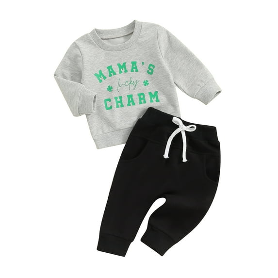FEORJGP Toddler Boys Girls Ireland Festival Outfits Infant Baby Short/Long Sleeve T-shirt Crew Neck Shirt Pullover Shamrock Letter Print Tops and Drawstring Trousers Long Pants Casual 2Pcs Clothes Set