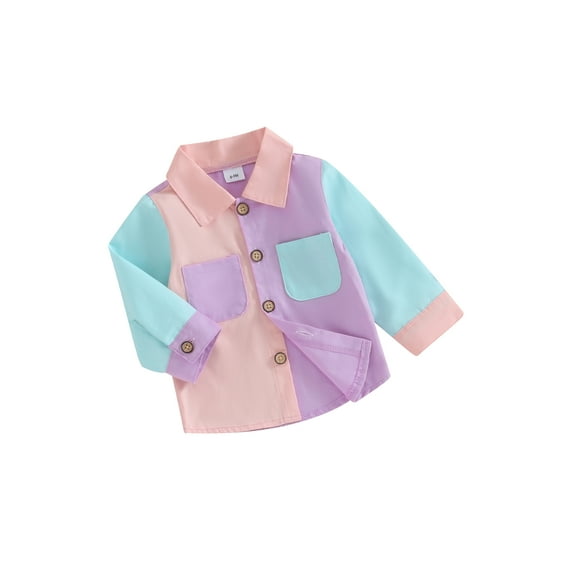 FEORJGP Toddler Boys Girls Long Sleeve Shirt Button Down Tops Contrast Color Cardigan Pocket Blouse Lapel Jacket for Baby Loose Casual Spring Fall Clothes