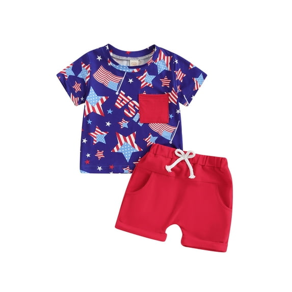 FEORJGP Toddler Boys Memorial Day Outfits Summer 6M 12M 18M 2Y 3Y Infant Baby Short Sleeves T-Shirt Star Print Shirt Crew Neck Tops and Elastic Shortsacation Clothes Set for Independence Day