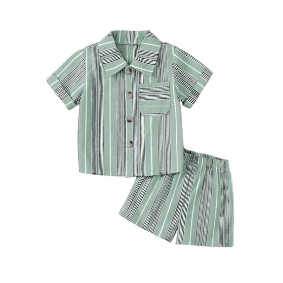 FEORJGP Toddler Boys Summer Daily Outfits 0-3Y Infant Baby Short Sleeve Shirts Turn-Down Collar T-shirt Stripe Button Tops and Elastic Waist Shorts Newborn Loose Casual 2Pcs Clothes Set