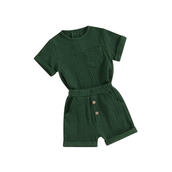 FEORJGP Toddler Boys Summer Outfit 6M 1T 2T 3T 4T Infant Baby Short Sleeve T-Shirts Crewneck Shirt Button Tops Solid Color Shorts Sets Little Boy Loose Casual Daily Clothes