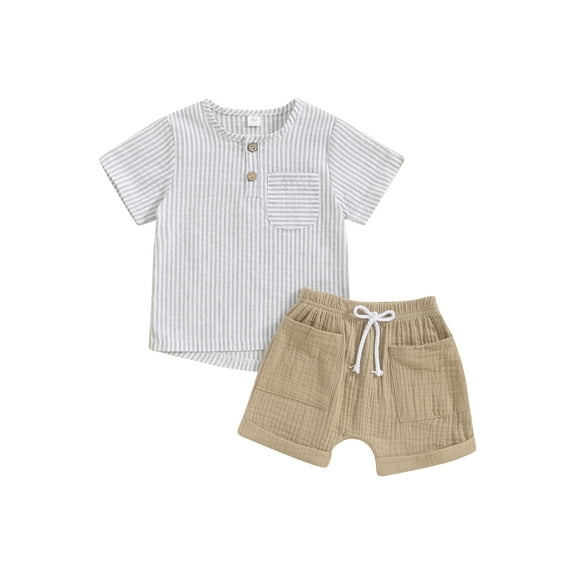 FEORJGP Toddler Boys Summer Outfit 6M 1Y 2Y 3Y 4Y Kids Short Sleeve Henley T-shirt Crew Neck Shirt Button Striped Tops and Drawstring Shorts Sets Infant Baby Loose Casual Clothes