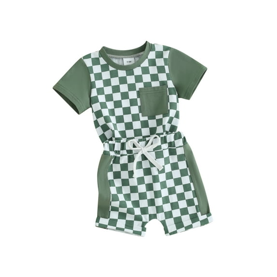 FEORJGP Toddler Boys Summer Outfits 0-3Y Infant Baby Short Sleeve T-Shirts Crew Neck Shirt Checkerboard Patchwork Tops and Elastic Waist Shorts Newborn Loose Casual 2Pcs Clothes Set