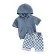 thumbnail image 1 of FEORJGP Toddler Boys Summer Outfits Infant Baby Short Sleeve T-Shirts Solid Color Sweatshirt Hooded Tops and Checkerboard Elastic Waist Shorts 2Pcs Clothes Set, 1 of 9