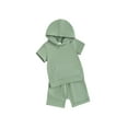 thumbnail image 1 of FEORJGP Toddler Boys Summer Outfits Infant Short Sleeve Hoodies Solid Color Pocket T-Shirts Hooded Sweatshirt Tops and Elastic Waist Drawstring Shorts Kids 2Pcs Loose Casual Clothes Set, 1 of 9