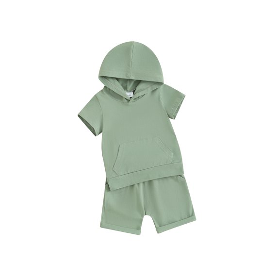 FEORJGP Toddler Boys Summer Outfits Infant Short Sleeve Hoodies Solid Color Pocket T-Shirts Hooded Sweatshirt Tops and Elastic Waist Drawstring Shorts Kids 2Pcs Loose Casual Clothes Set