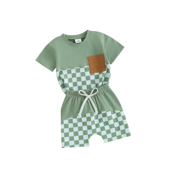 FEORJGP Toddler Boys Summer Outfits Newborn Baby 0-3Y Short Sleeve T-shirt Crew Neck Shirt Checkerboard Print Tops and Drawstring Shorts Sets Infant Loose Casual Clothes