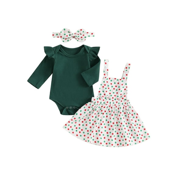 FEORJGP Toddler Girl 3 Piece Casual Outfits 0 3M 6M 12M 18M 24M Infant Baby Ruffle Long Sleeve Bodysuits Solid Ribbed Rompers Plaid Suspender Skirt A- Comfy Daily Clothes Set for Spring Fall