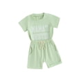 thumbnail image 1 of FEORJGP Toddler Girl Daily Summer Outfit Infant Baby 0-3Y Short Sleeve T-Shirts Letter Print Shirt Crew Neck Tops and Drawstring Shorts Newborn Loose Casual 2Pcs Clothes Set, 1 of 9