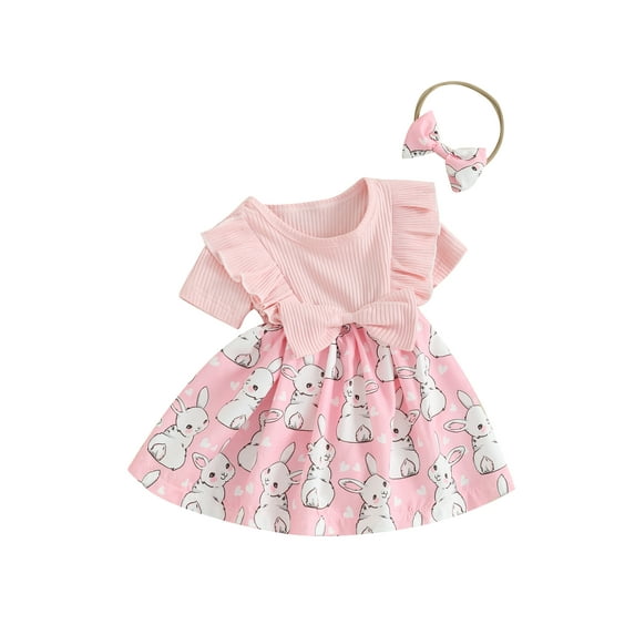 FEORJGP Toddler Girl Easter Outfits 0-2Y Infant Baby 2 Piece Summer Set Round Neck Jumpsuit Dress Short Sleeve Ribbed Bodysuit Dress Rabbit Print Rompdband Newborn Cute Casual Daily Clothing