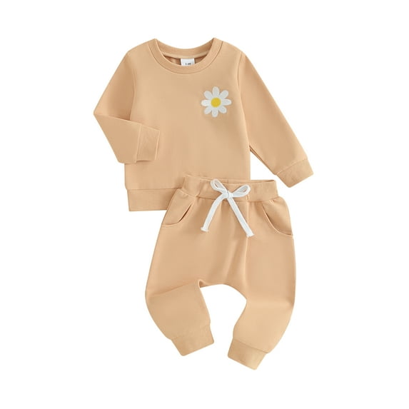 FEORJGP Toddler Girl Fall Clothes Infant Baby Long Sleeve Sweatshirt Daisy Embroidered Jumpers Crew Neck Tops Solid Drawstring Sweatpants Long Pants Set 2Pcs Outfit