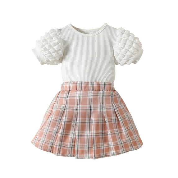 FEORJGP Toddler Girl Summer Outfit Kids Baby Short Sleeve T-shirt Crew Neck Pullover Solid Ribbed Bubble Tops with Plaid Print A-Line Skirt Set Little Girls Cute Fashion 2Pcs Daily Clothes