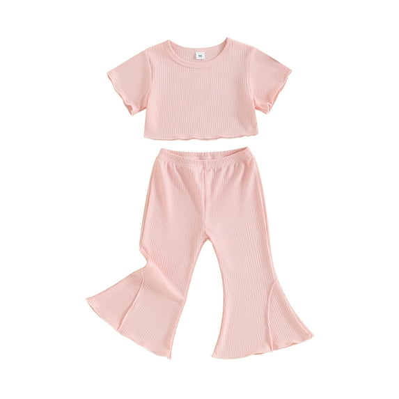 FEORJGP Toddler Girl Summer Pants Set 1-5Y Kids Baby Short Sleeve Shirt Round Neck T-Shirt Solid Color Ribbed Tops with Flare Trousers Infant Casual Daily 2 Pcs Outfit